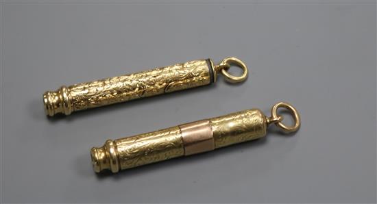 An early 20th century Sampson Mordan engraved yellow metal cased propelling pencil and one other yellow metal cased pencil.